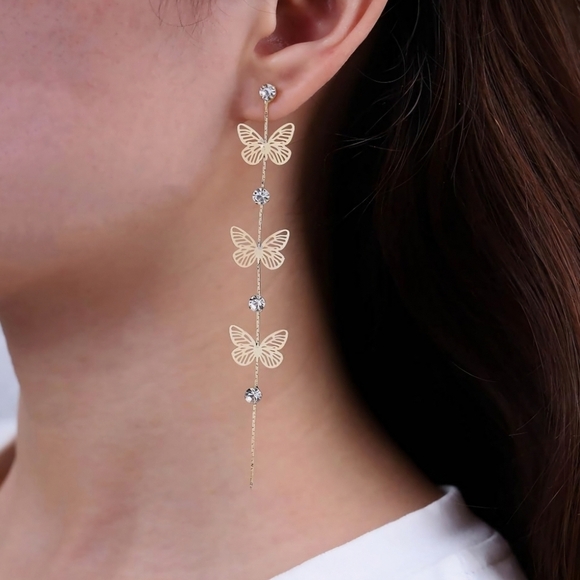Butterfly Filigree Earrings Rhinestone Accent Gold Tone Tassel Earrings - Picture 11 of 13